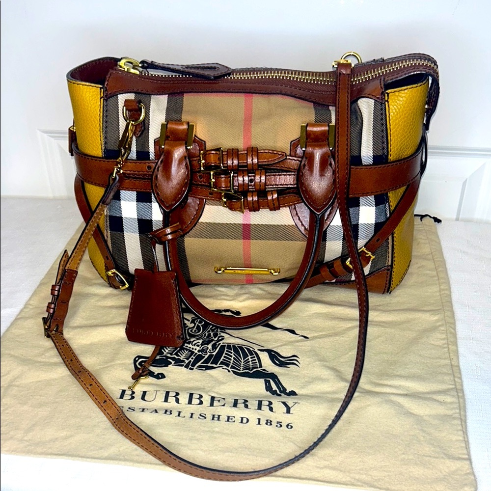 Burberry Gladstone Brown & Yellow House Check Leather Satchel Tote bag lock key - Picture 10 of 17